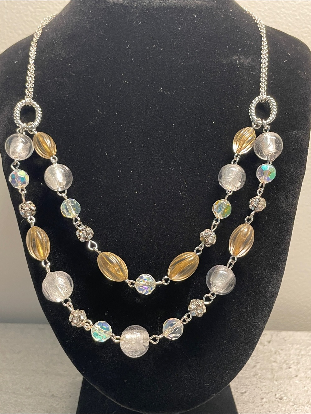 Elegant Two-Strand Glass Bead Necklace in Gold and Clear